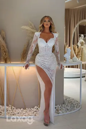 12798 -  Lace Long Sleeves Illusion Pleats Beaded Prom Evening Dress With Slit