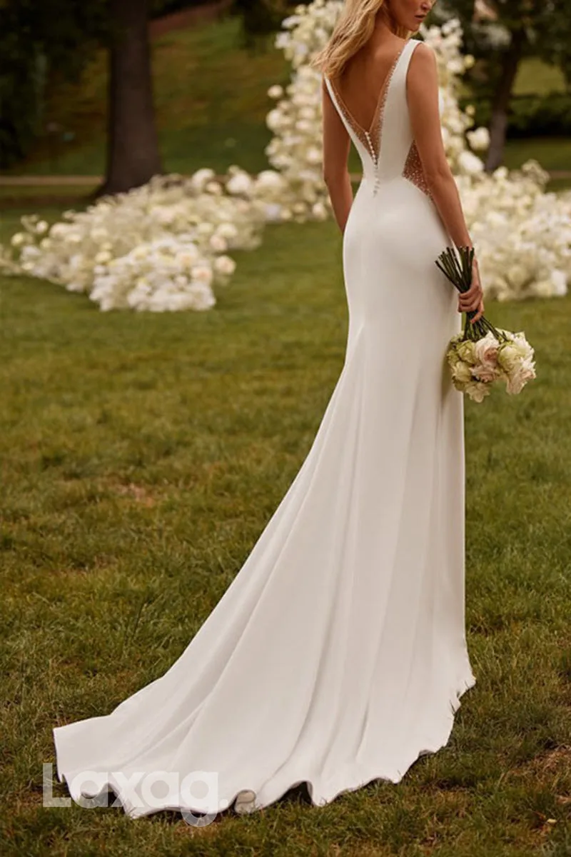 22663 - Low V-Neck Beaded illusion Sleek Satin Elegant Mermaid Wedding Dress