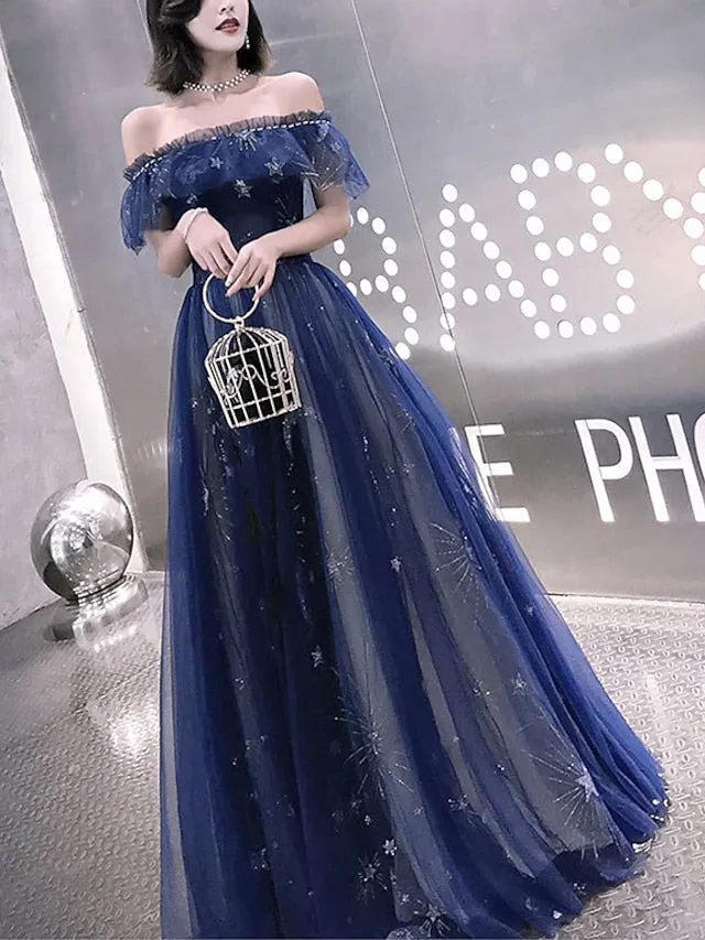 A-Line Fairy Prom Dress Sparkle Party Dress Off Shoulder Short Sleeve Floor Length Tulle with Sequins Embroidery 2023 Bridesmaid Formal Evening