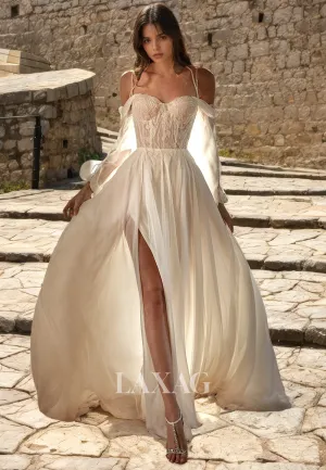 A-Line Off Shoulder Straps Sequins Tulle  High Slit Wedding Dress with Train