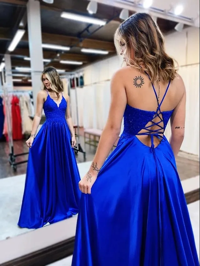 A-Line Prom Dresses Empire Dress Formal Court Train Sleeveless V Neck Satin Backless with Beading Appliques 2023