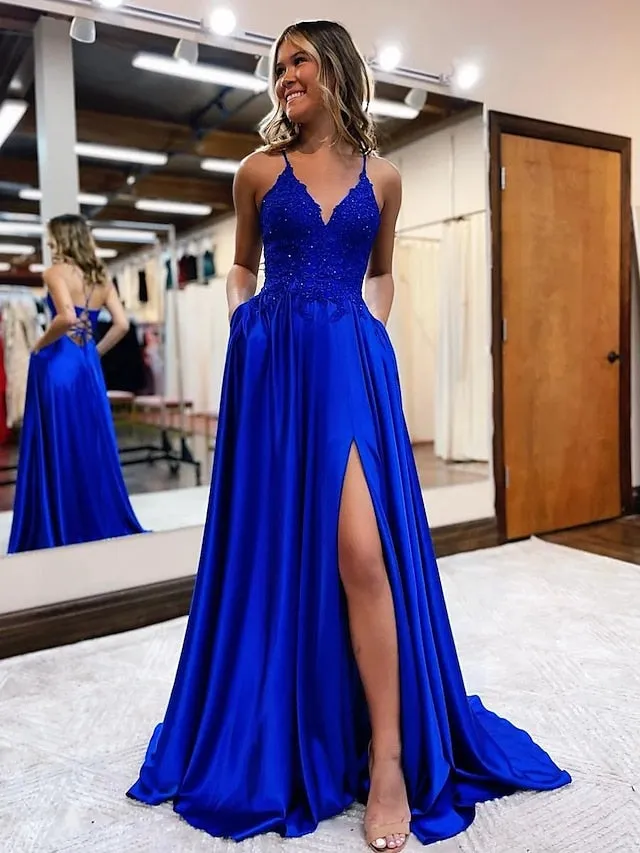 A-Line Prom Dresses Empire Dress Formal Court Train Sleeveless V Neck Satin Backless with Beading Appliques 2023