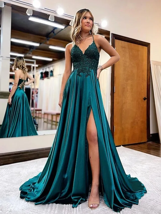 A-Line Prom Dresses Empire Dress Formal Court Train Sleeveless V Neck Satin Backless with Beading Appliques 2023