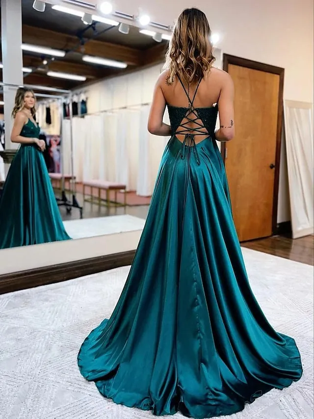 A-Line Prom Dresses Empire Dress Formal Court Train Sleeveless V Neck Satin Backless with Beading Appliques 2023