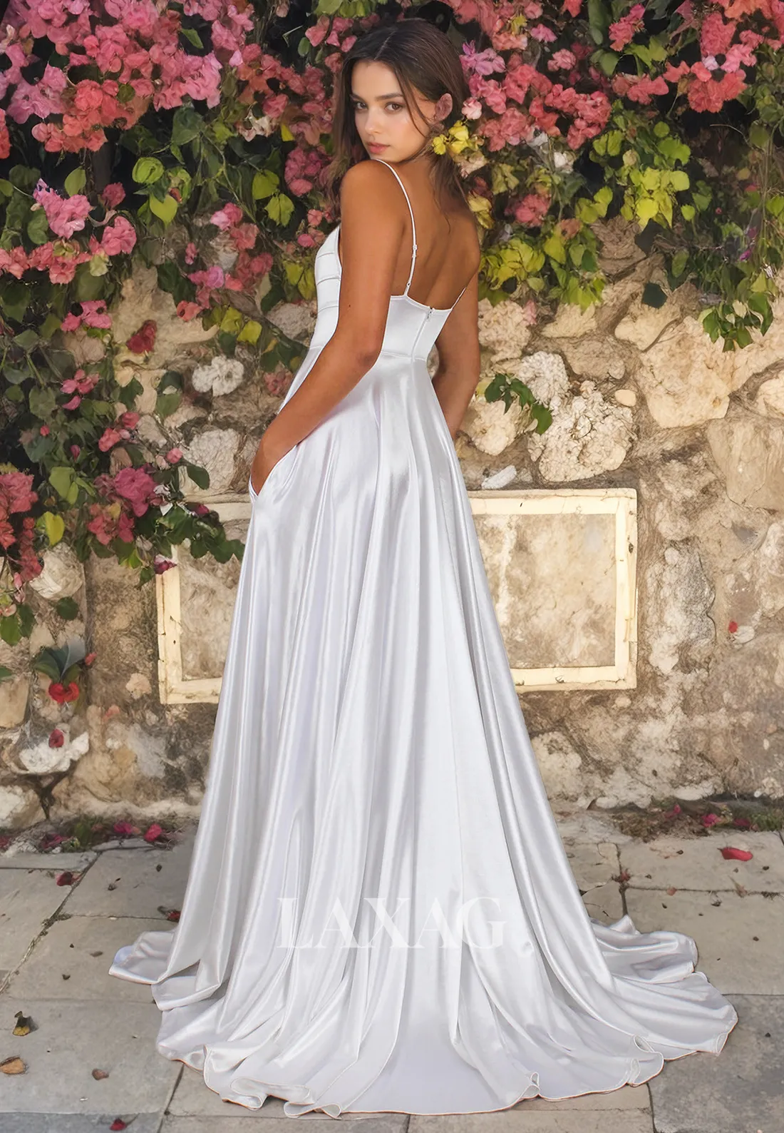 A-Line Spaghetti Straps Sleek Satin High Slit Wedding Dress with Train