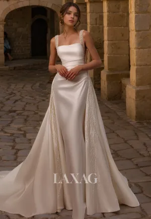 A-Line Square Sleek Satin Elegant Wedding Dress with Train