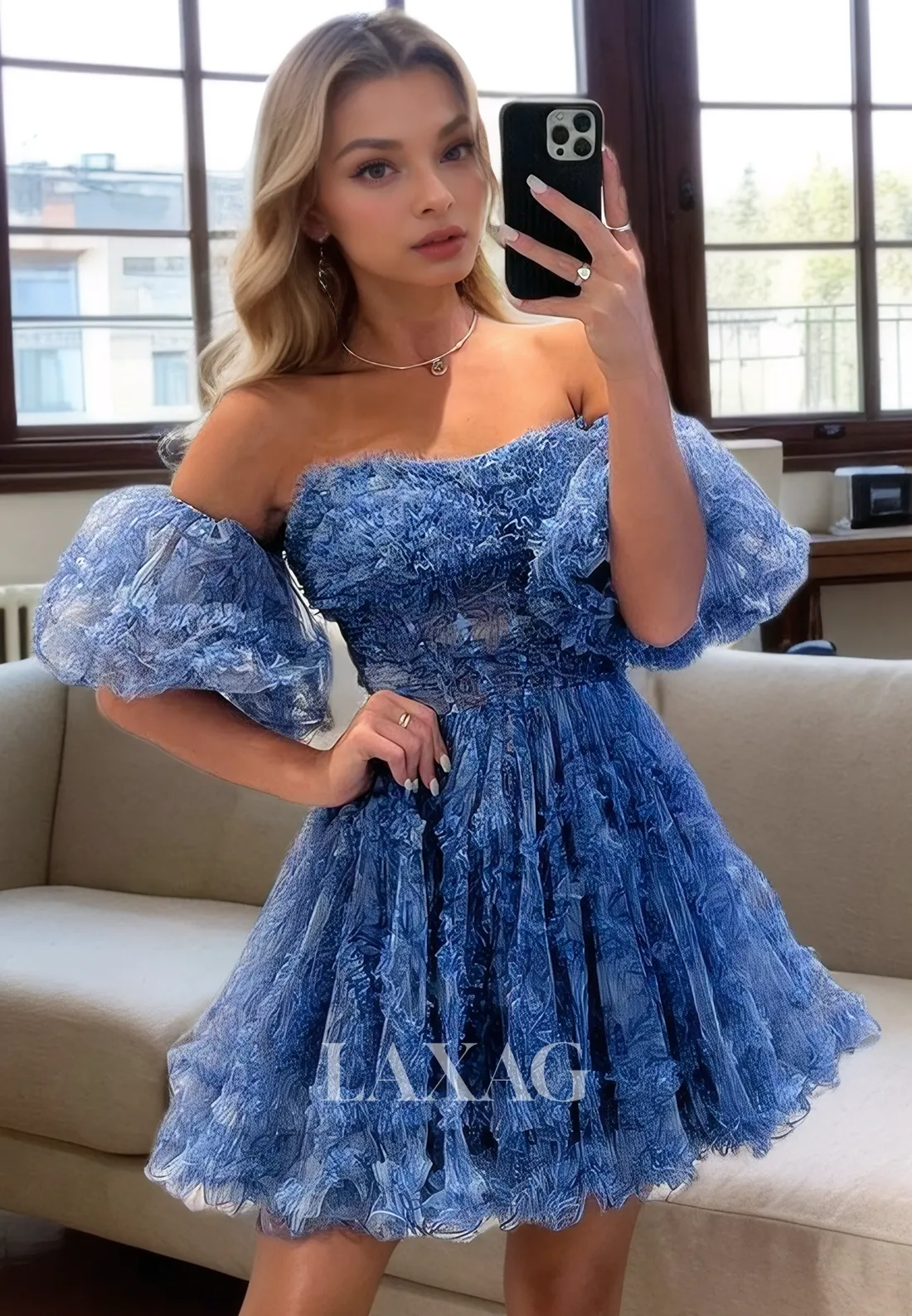 A-Line Strapless Off Shoulder Printed Tulle Elegant Party Homecoming Dress