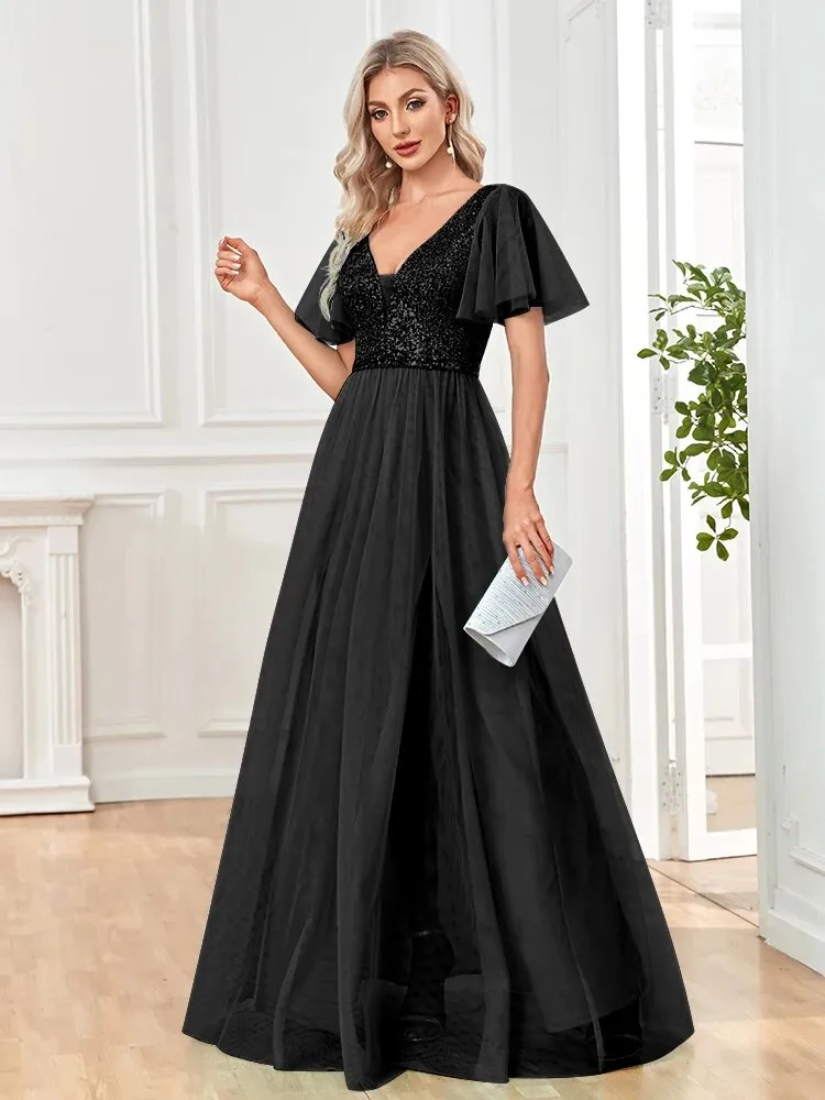 A Line V Neck Long Formal Dress with Sequins