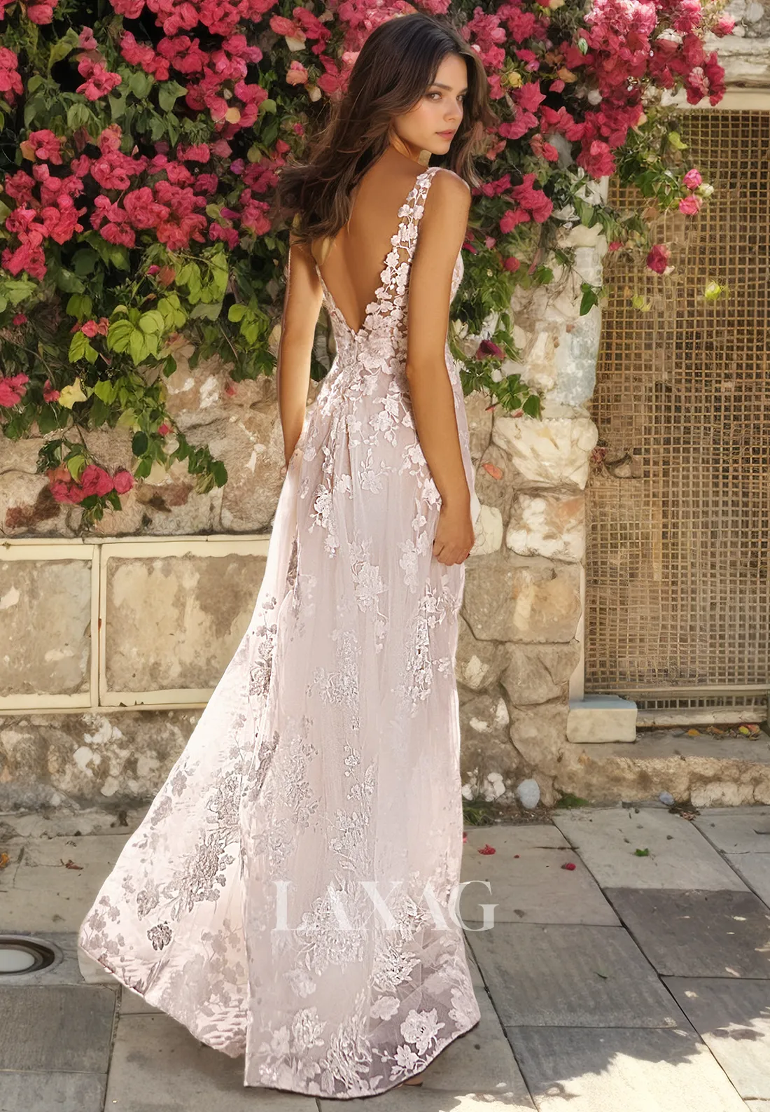 A-Line V-Neck Straps Backless Sequins Tulle High Slit Wedding Dress with Train