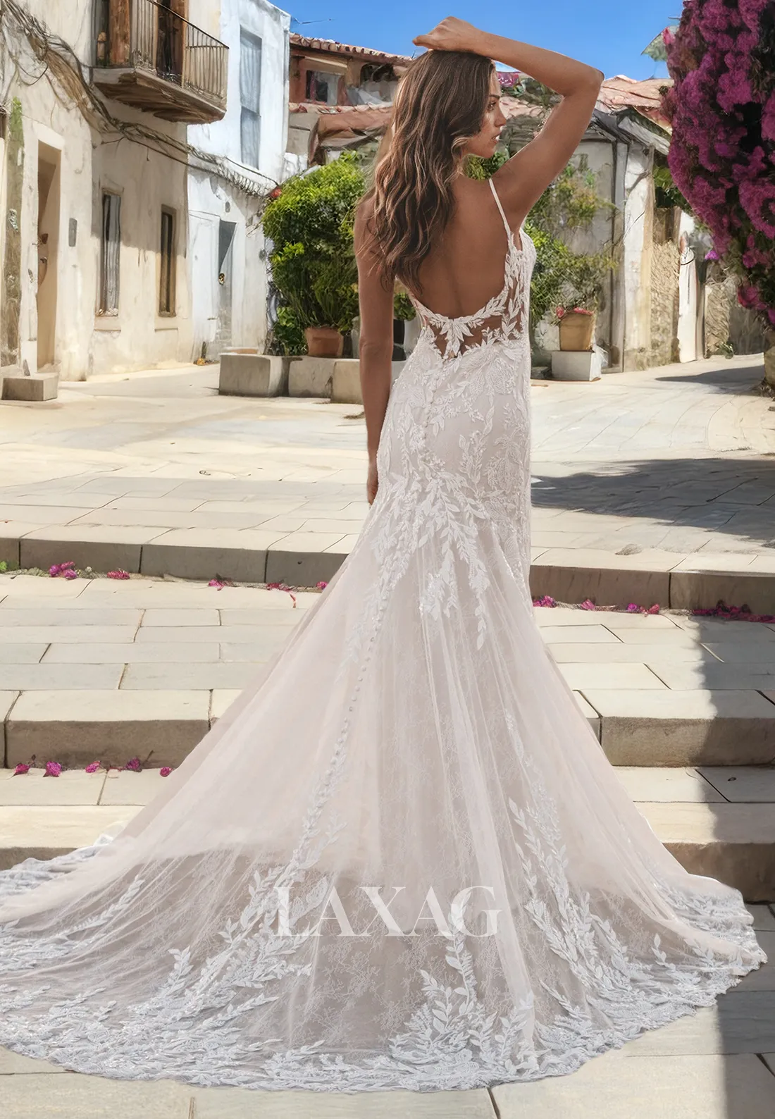 A-Linie Straps Backless Lace Tulle Elegant Wedding Dress with Train