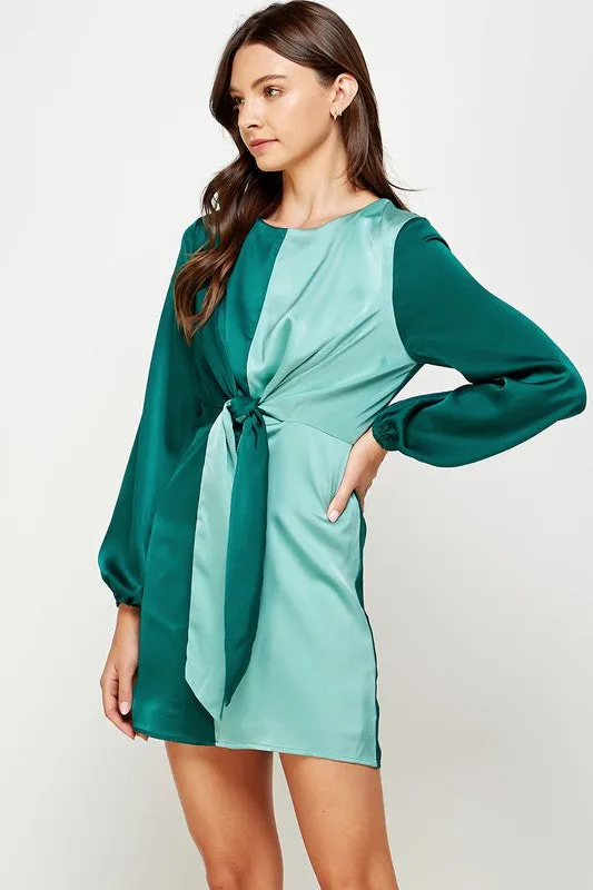 Alpine Green/Dusty Color Block Front Tie Satin Mini Dress