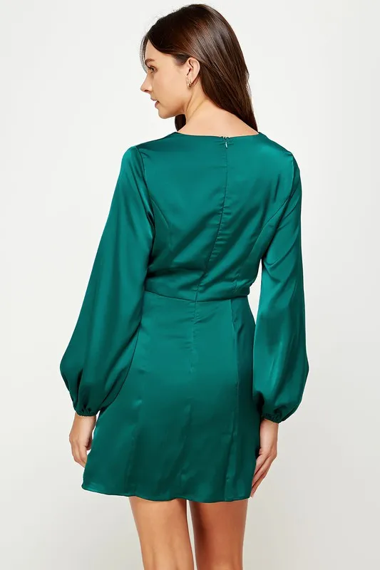 Alpine Green/Dusty Color Block Front Tie Satin Mini Dress