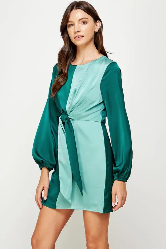 Alpine Green/Dusty Color Block Front Tie Satin Mini Dress