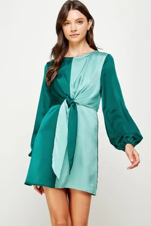 Alpine Green/Dusty Color Block Front Tie Satin Mini Dress