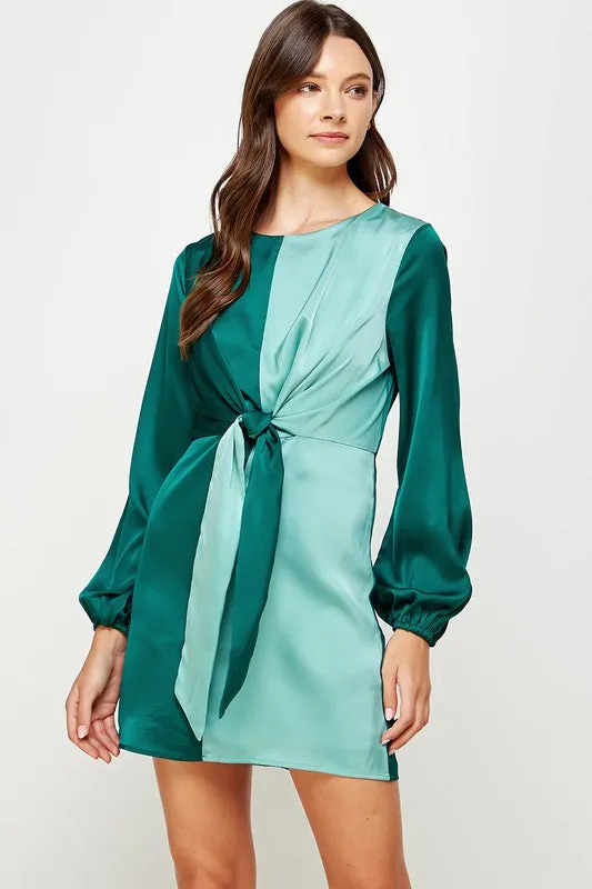 Alpine Green/Dusty Color Block Front Tie Satin Mini Dress