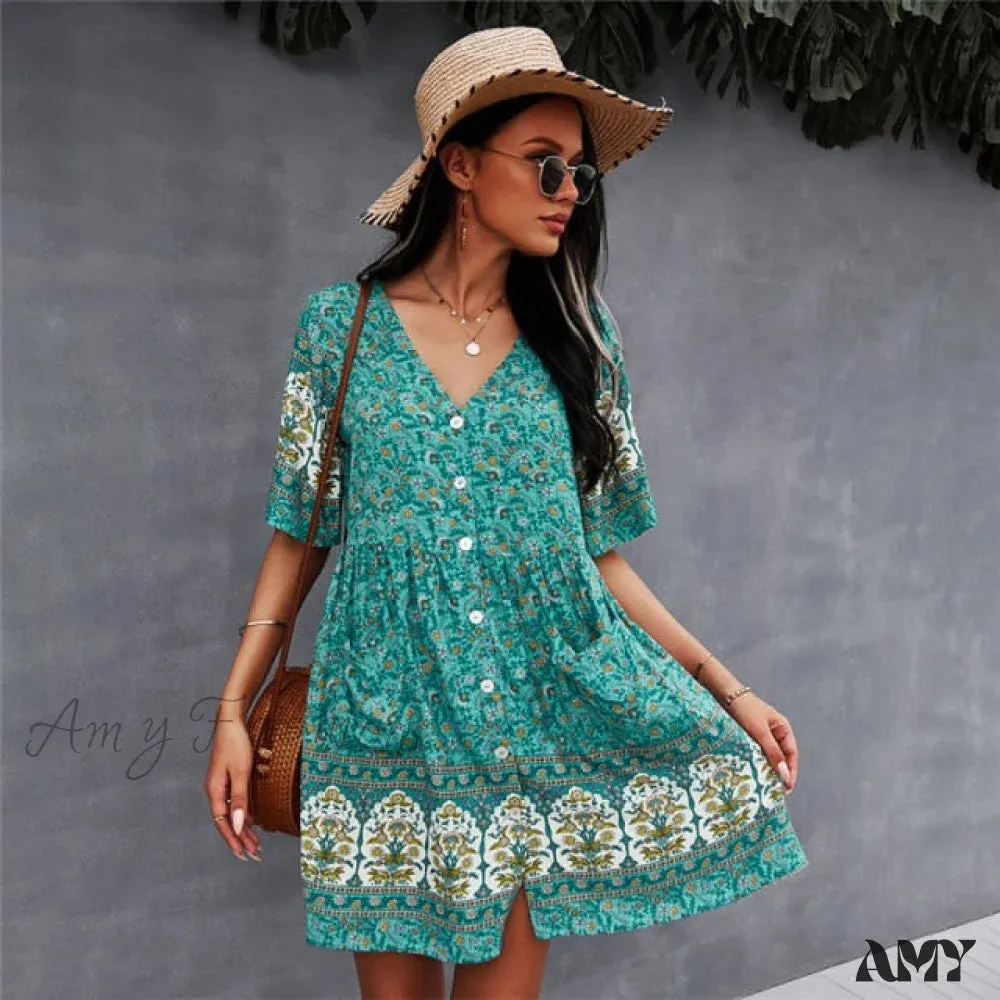 Amy Fashion - Casual V Neck Bohemian Short Sleeve Dress