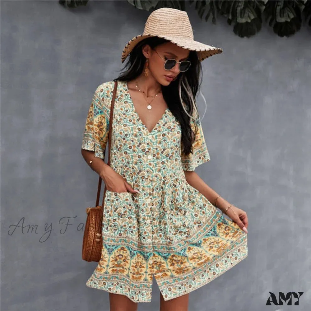 Amy Fashion - Casual V Neck Bohemian Short Sleeve Dress