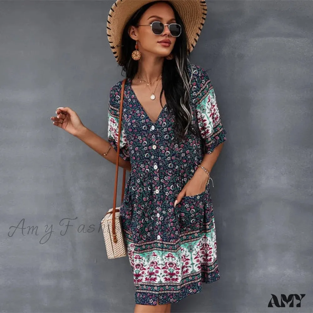 Amy Fashion - Casual V Neck Bohemian Short Sleeve Dress