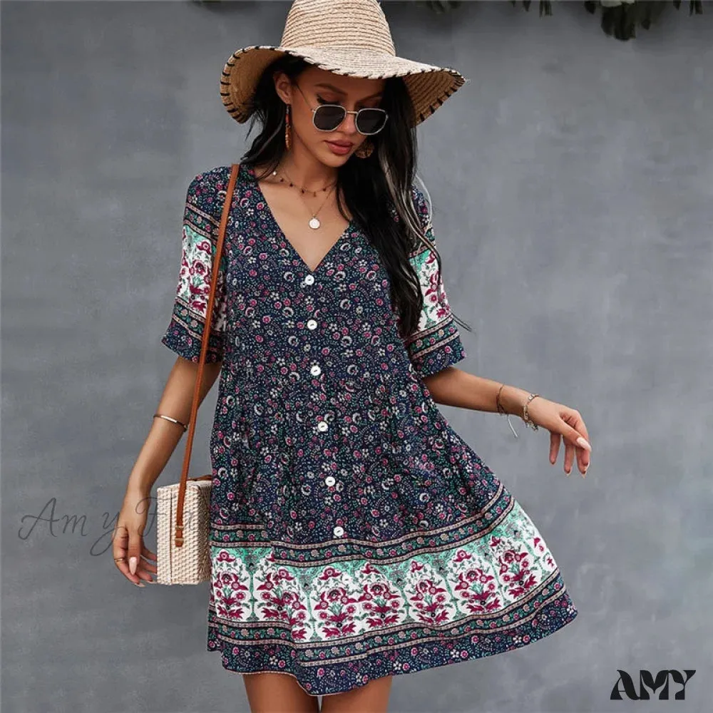 Amy Fashion - Casual V Neck Bohemian Short Sleeve Dress