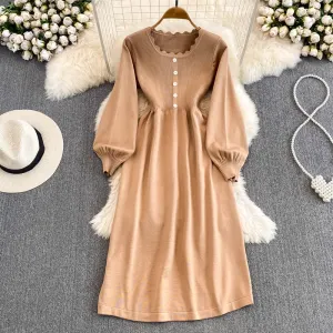 Autumn and Winter Long Sleeved Round Neck Mid Length A Line Knitted Dress 1454