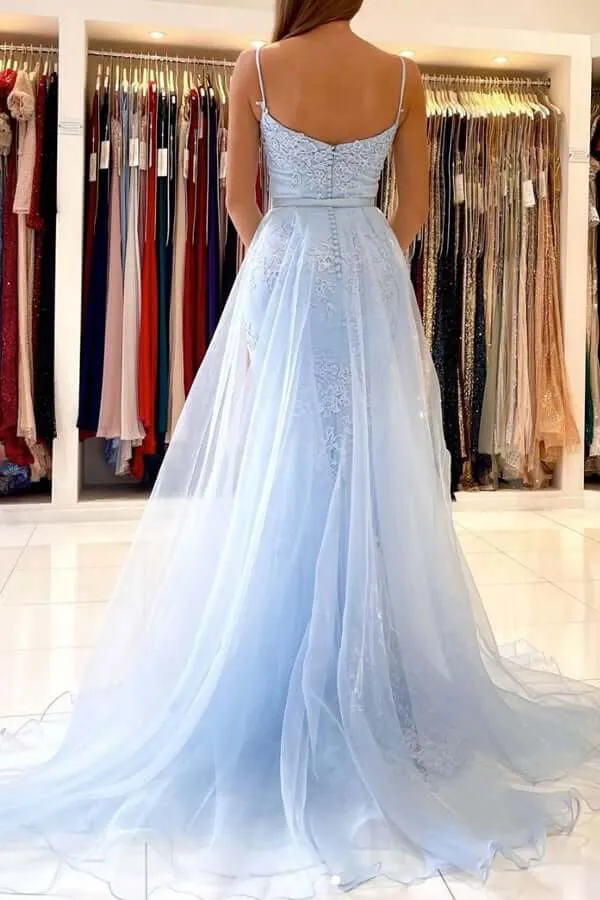 Baby Blue Tulle Lace Mermaid Spaghetti Straps Prom Dresses, Eveing Gown, SP726