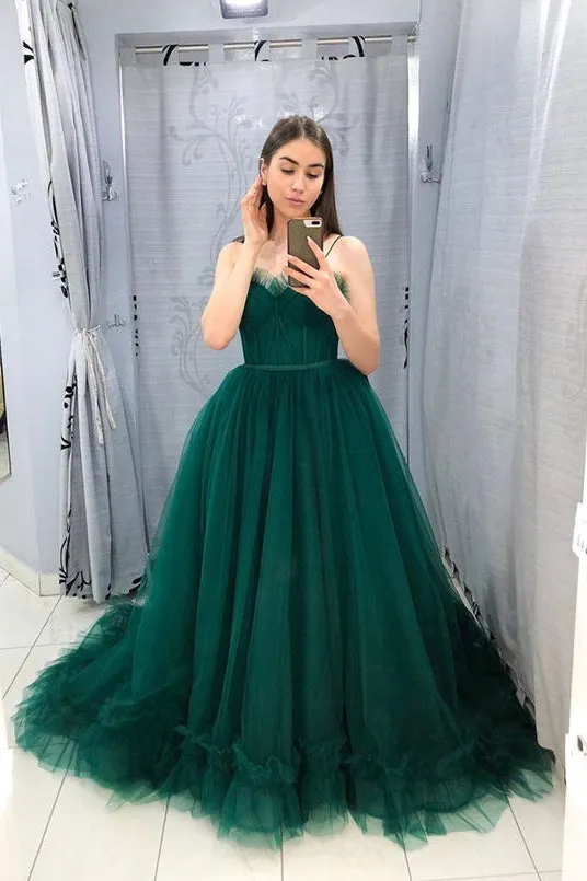 Ball Gown Tulle Spaghetti Straps Formal Evening Dresses Green Long Prom Dresses