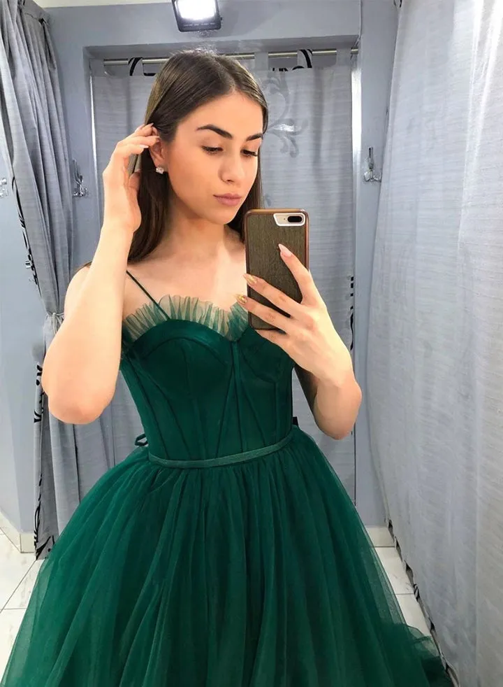 Ball Gown Tulle Spaghetti Straps Formal Evening Dresses Green Long Prom Dresses