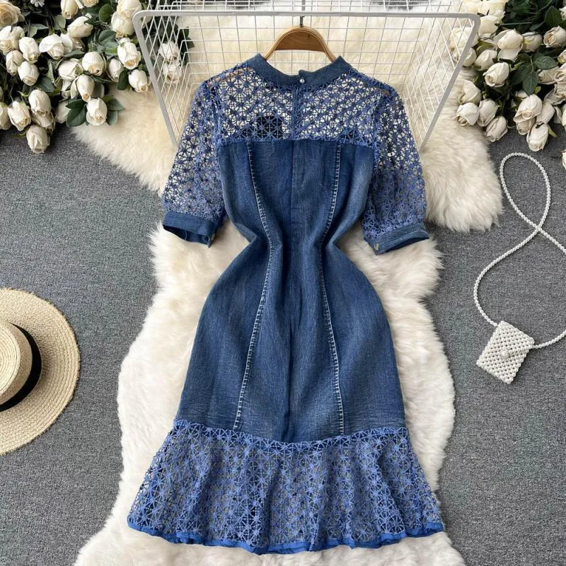 Beaded Round Neck Lace Stitching Denim Mermaid Dress Short Sleeves  370