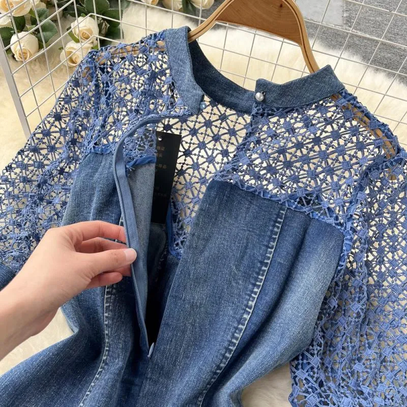 Beaded Round Neck Lace Stitching Denim Mermaid Dress Short Sleeves  370