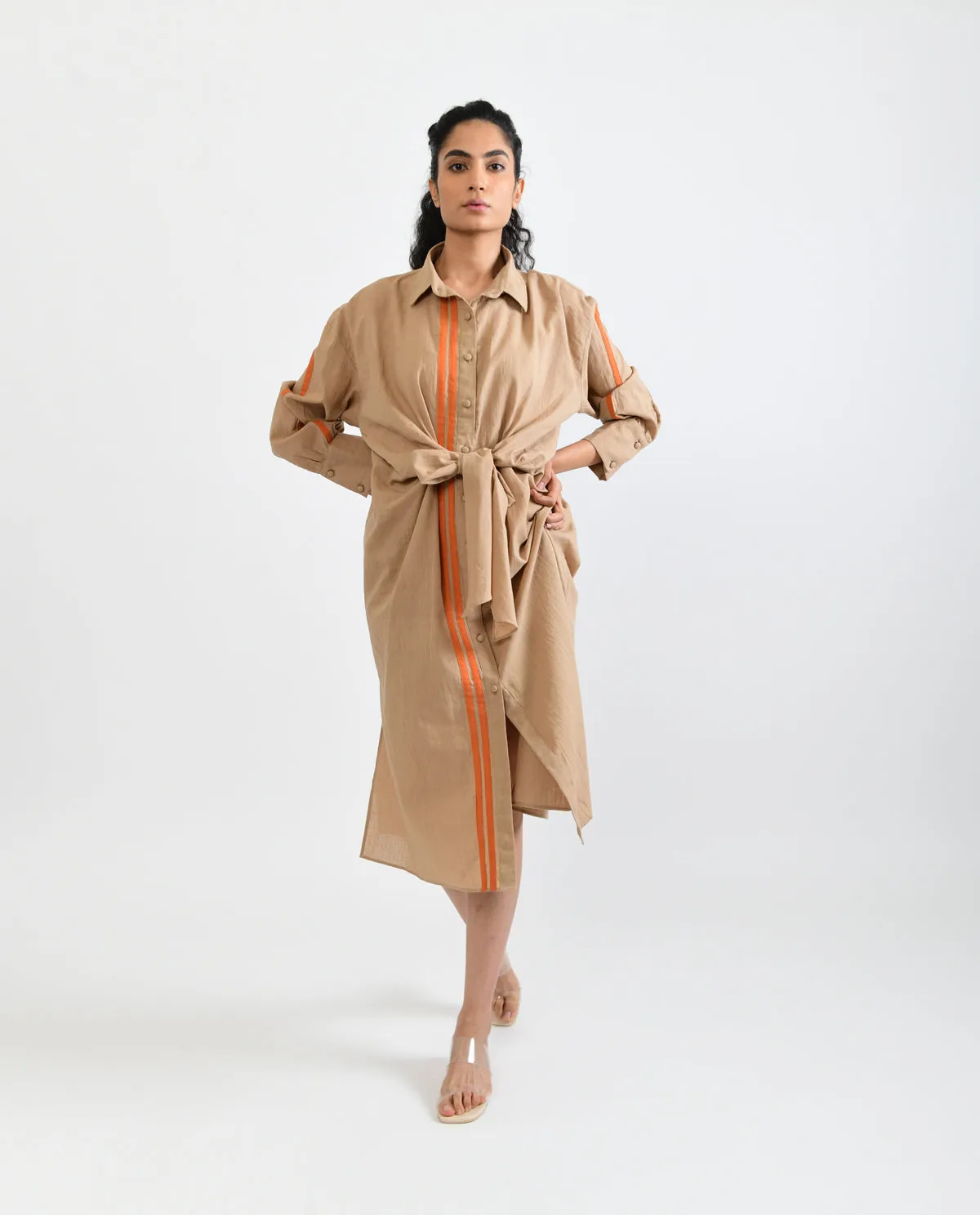 Beige Handloom Cotton Midi Dress