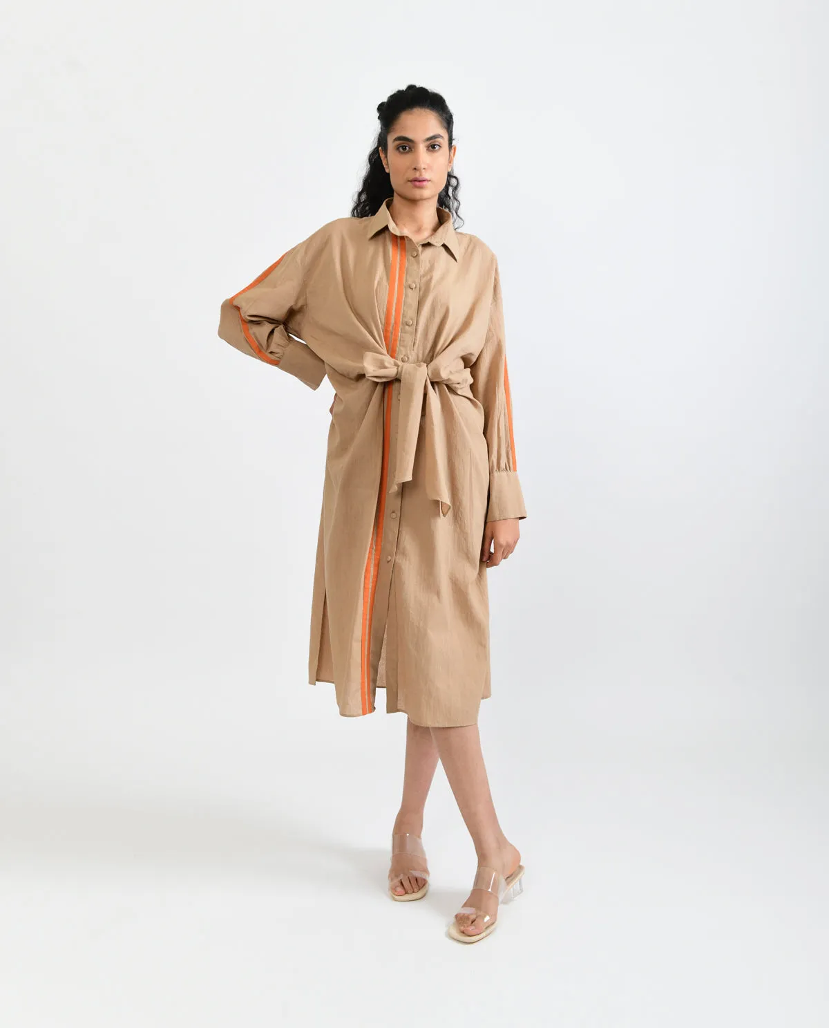 Beige Handloom Cotton Midi Dress