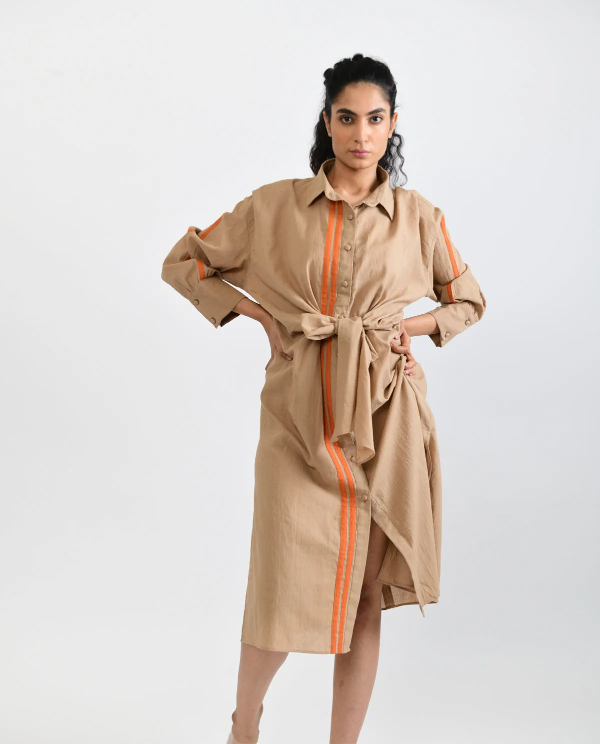 Beige Handloom Cotton Midi Dress