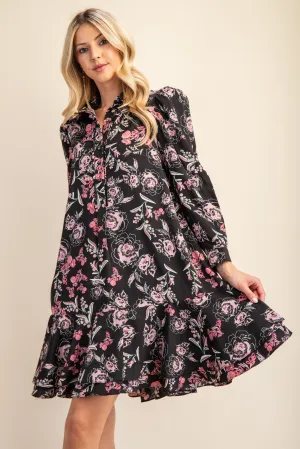 Black Floral Print Long Sleeve Shirt Dress