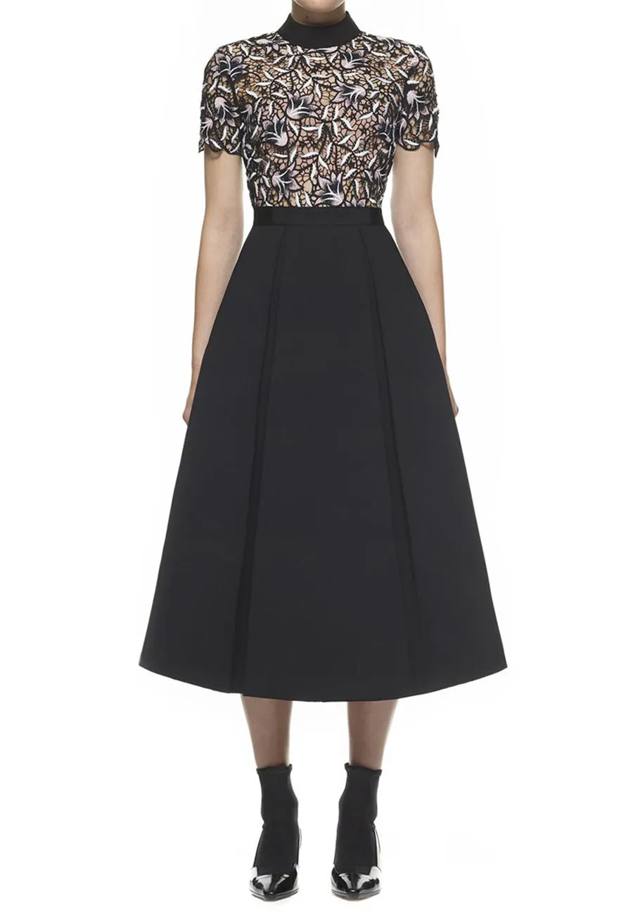 Black Nightshade A-Line Lotus Lace Midi Dress