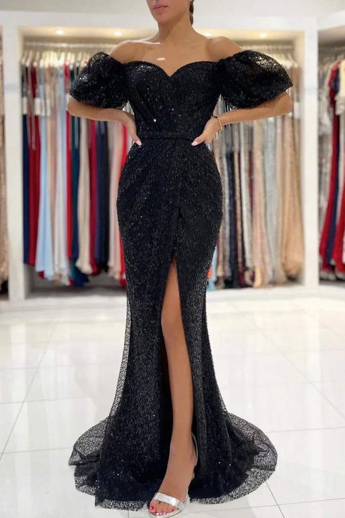 Black Off the Shoulder Mermaid Sequined Slit Formal Evening Dresses Long Prom Dresses