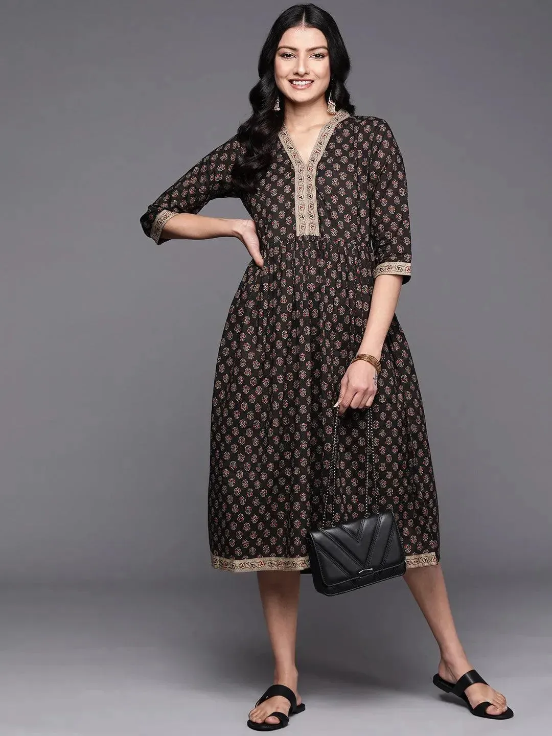 Black Printed Cotton Fit and Flare Dress