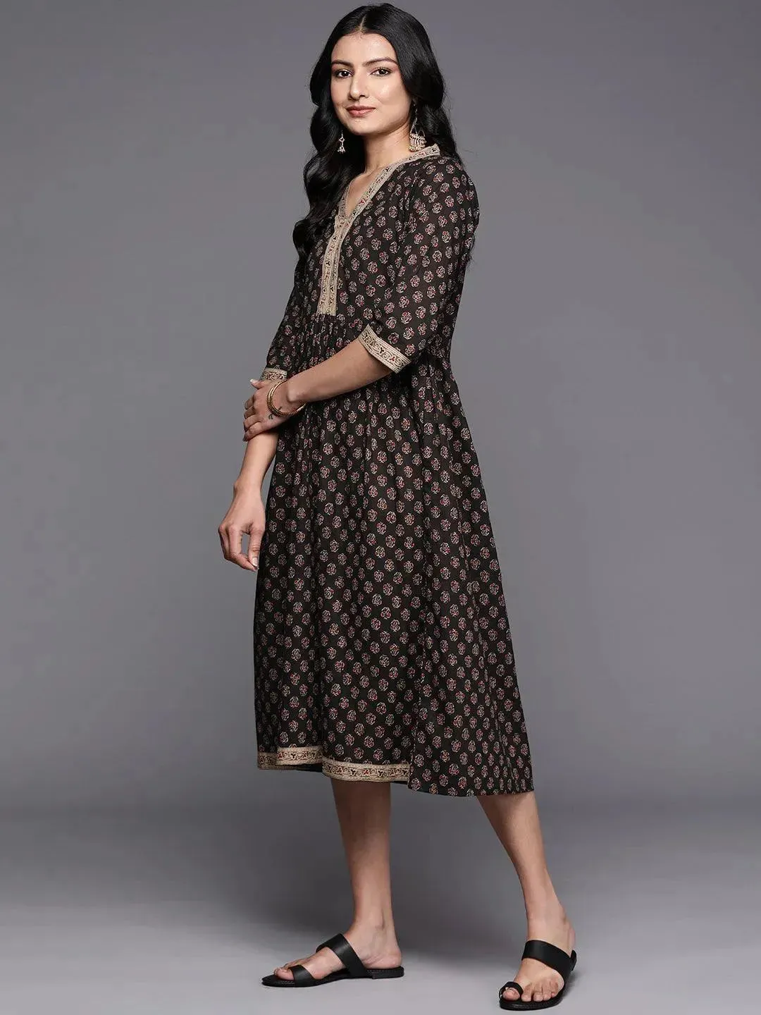 Black Printed Cotton Fit and Flare Dress