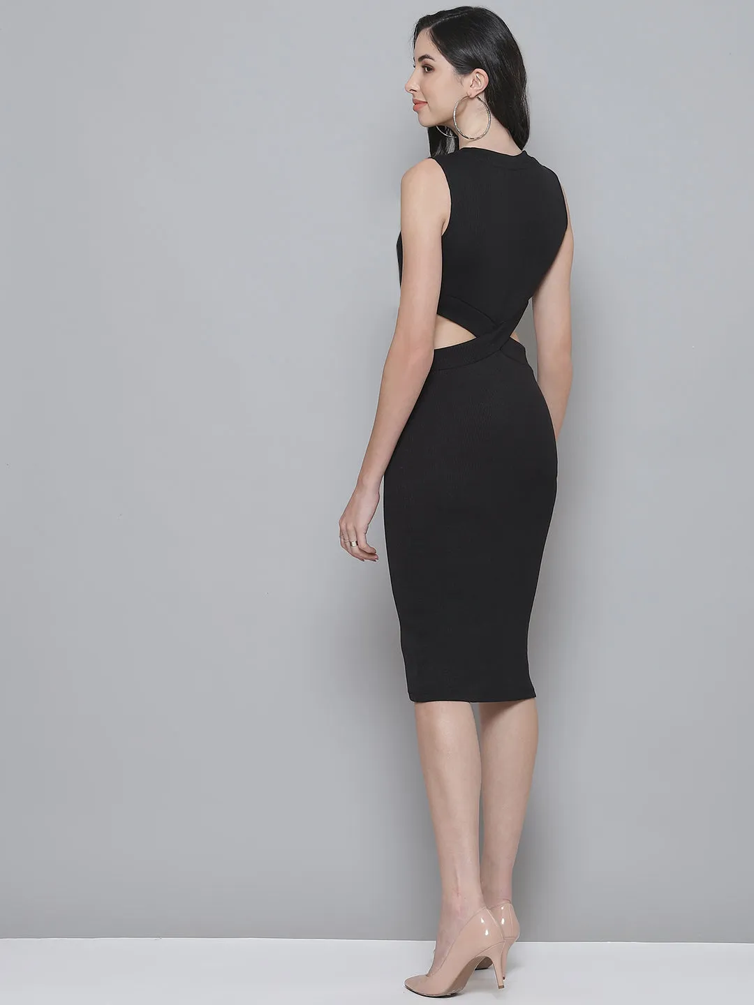 Black Rib Side Cut-Out Bodycon Dress