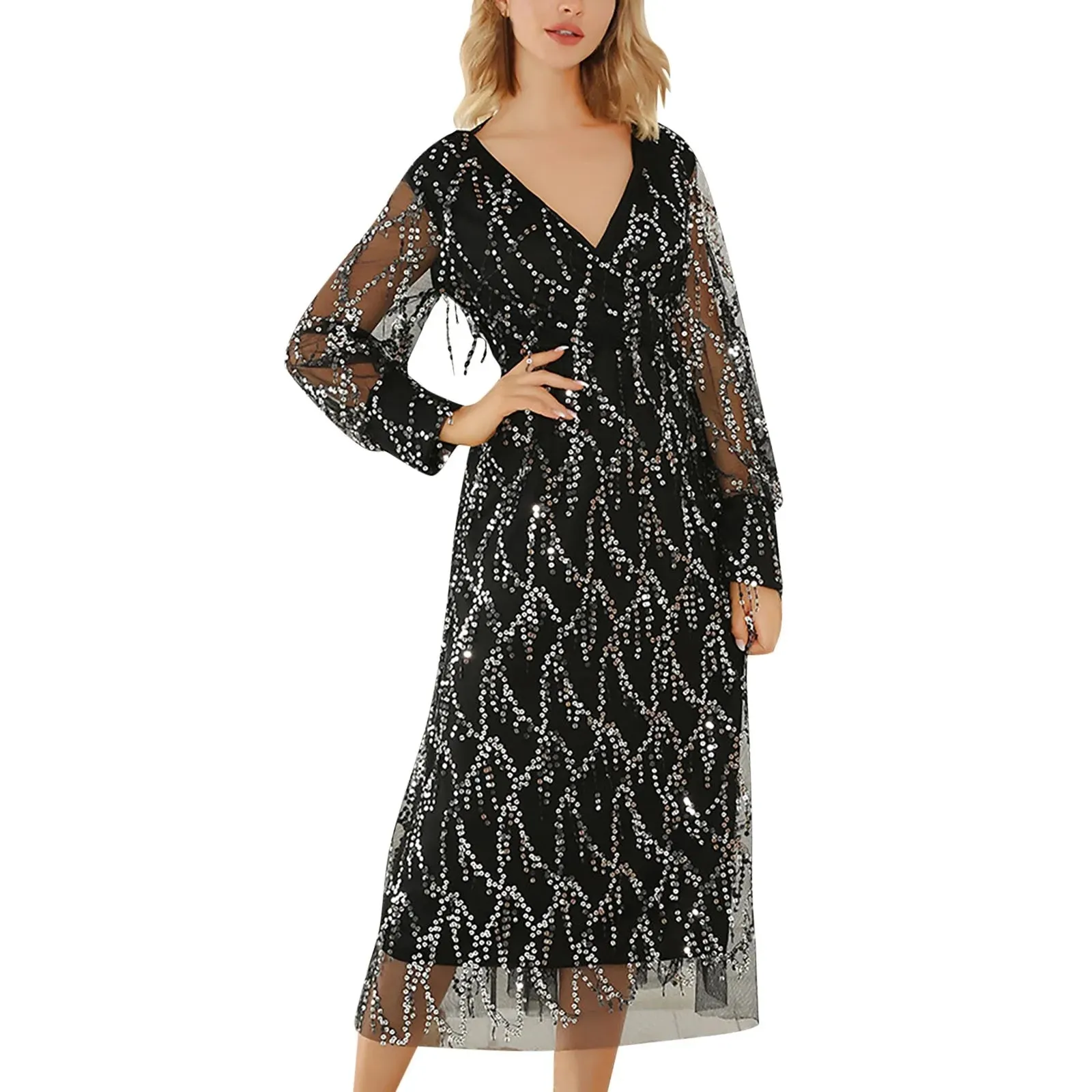 Black Sequin Maxi Summer Vintage Bodycon Long Sleeve Club Casual Sexy Dress