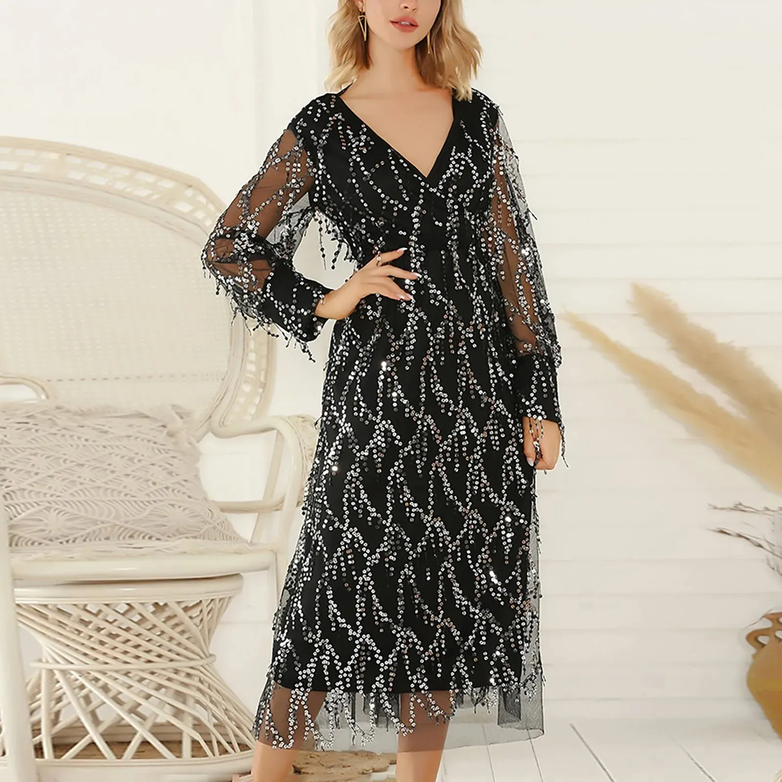 Black Sequin Maxi Summer Vintage Bodycon Long Sleeve Club Casual Sexy Dress