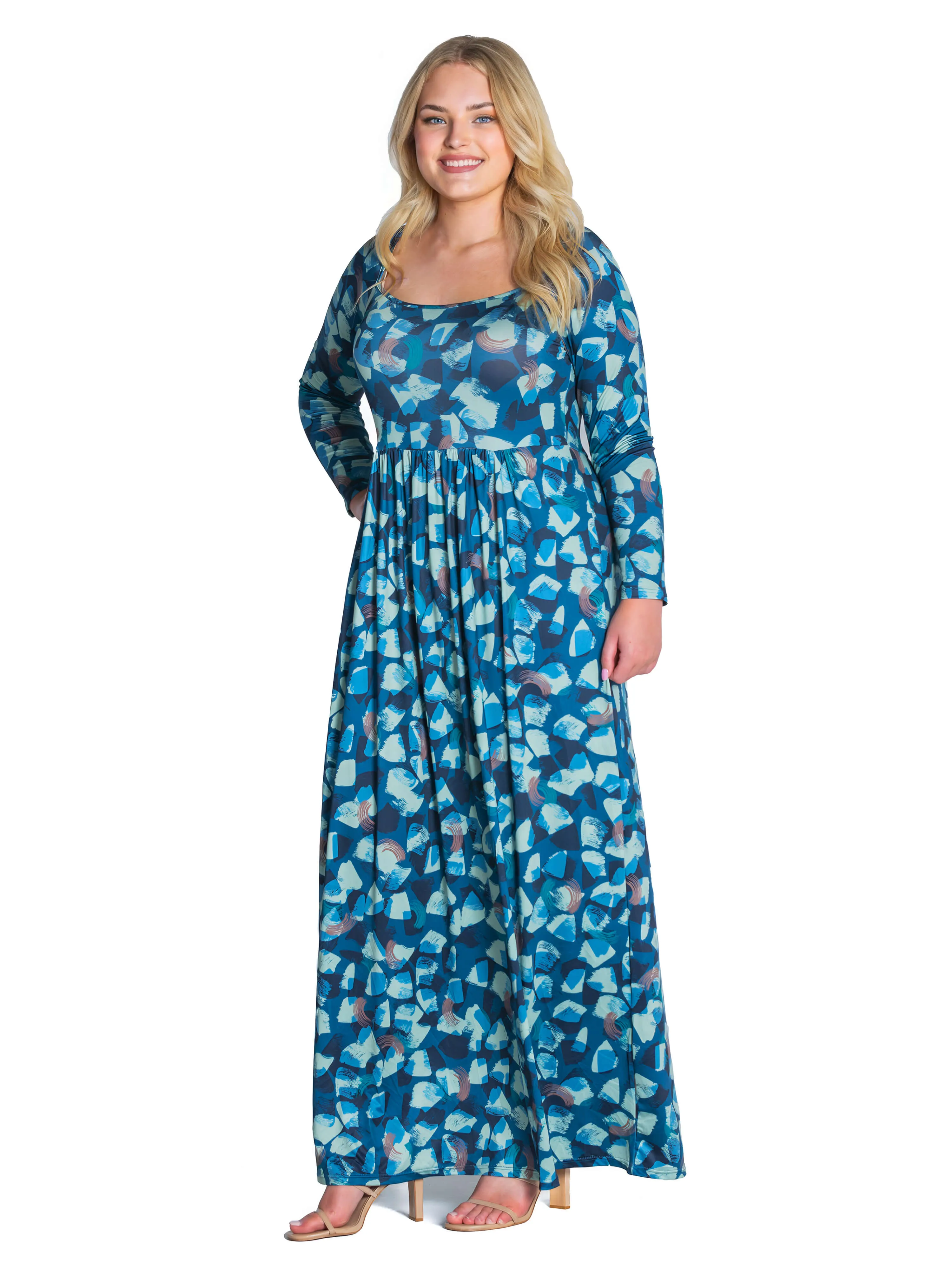 Blue Abstract Long Sleeve Pleated Plus Size Maxi Dress