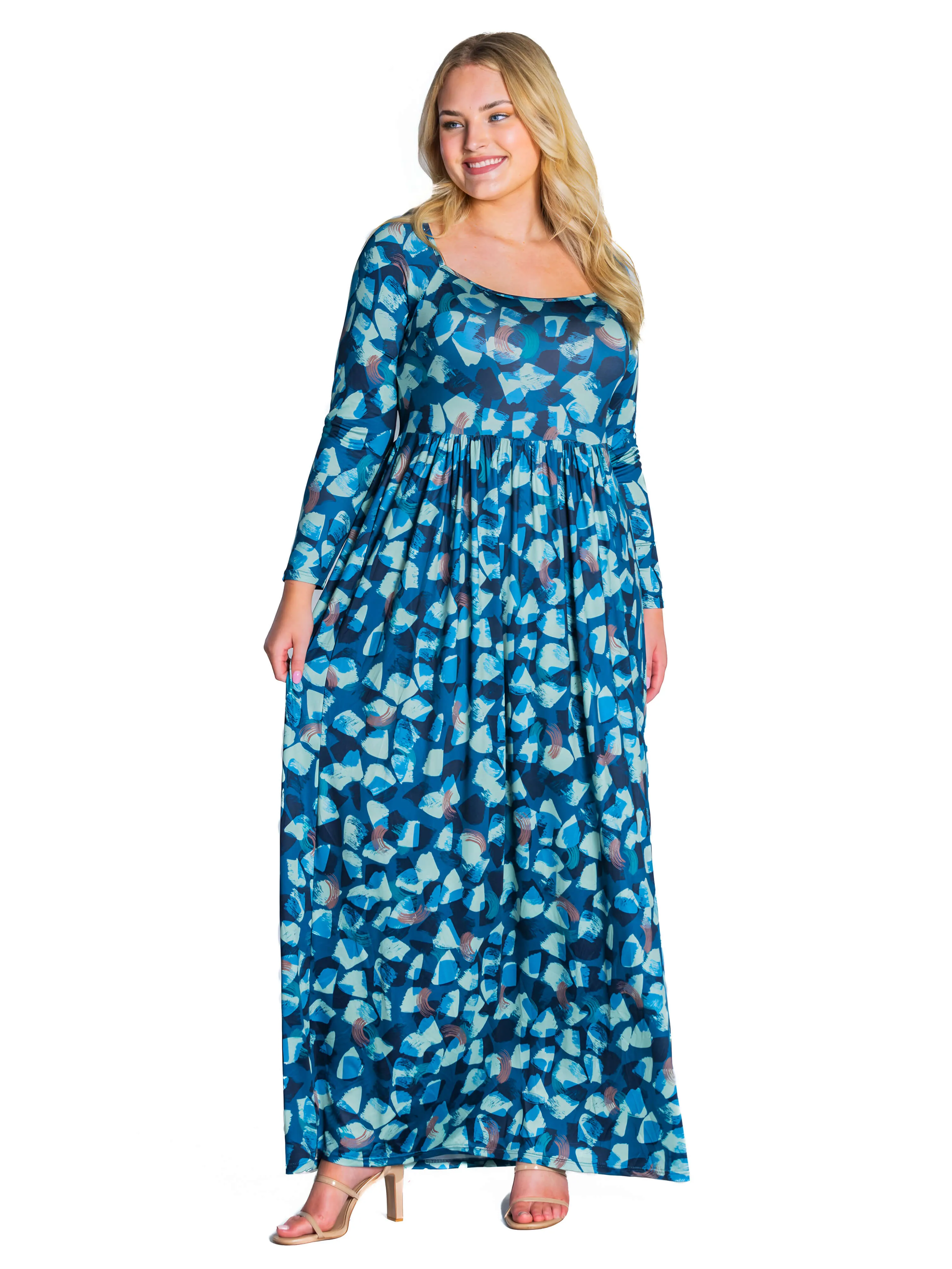 Blue Abstract Long Sleeve Pleated Plus Size Maxi Dress