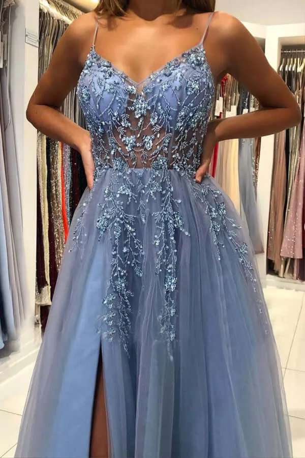 Blue Tulle A-line V-neck Beaded Long Prom Dresses, Evening Dress With Slit, SP760