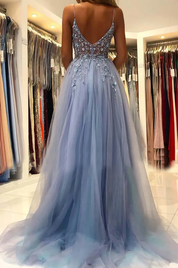 Blue Tulle A-line V-neck Beaded Long Prom Dresses, Evening Dress With Slit, SP760