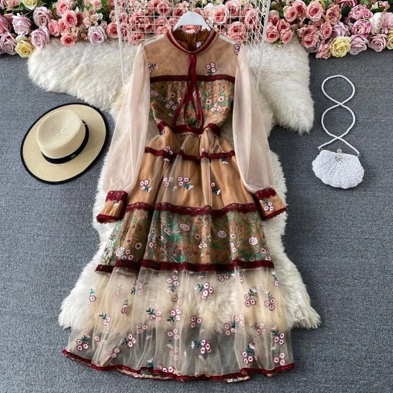 Bohemian Elegant See Through Long Lantern Sleeve Mesh Dress, Flower Embroidery Lace High Waist Bohemian Maxi Dress