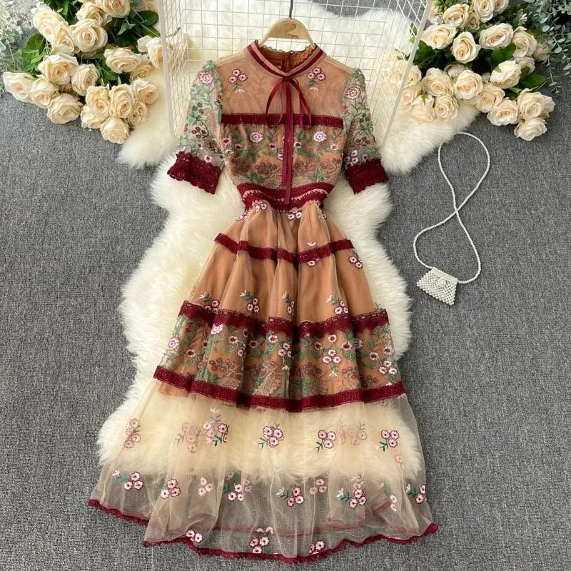 Bohemian Elegant See Through Long Lantern Sleeve Mesh Dress, Flower Embroidery Lace High Waist Bohemian Maxi Dress