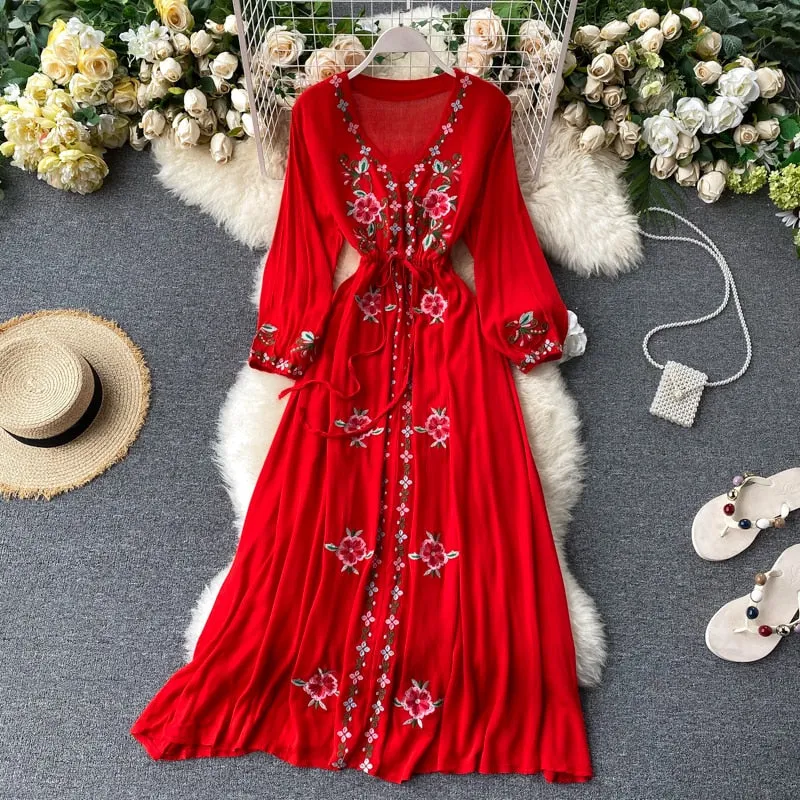 Bohemian Embroidered V-neck Lantern Sleeve Dress