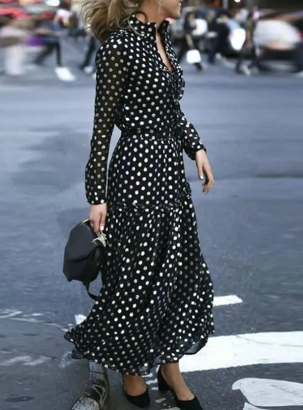 Bohemian Maxi Polka Dot V-Neck Wrap Dress