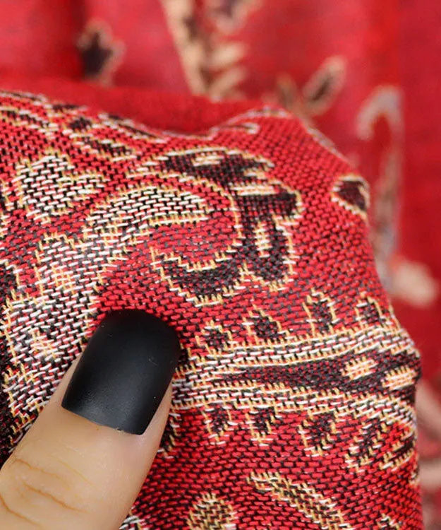 Bohemian Red Tasseled Jacquard Cotton Shawl