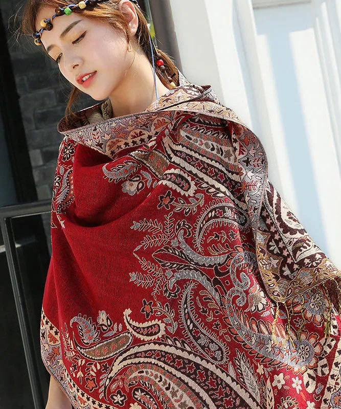 Bohemian Red Tasseled Jacquard Cotton Shawl